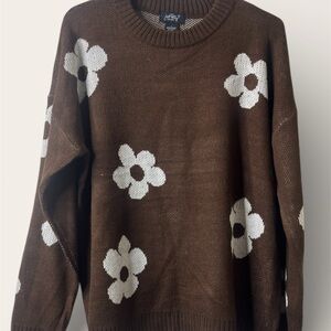 Chic Brown Floral Crew Neck Sweater